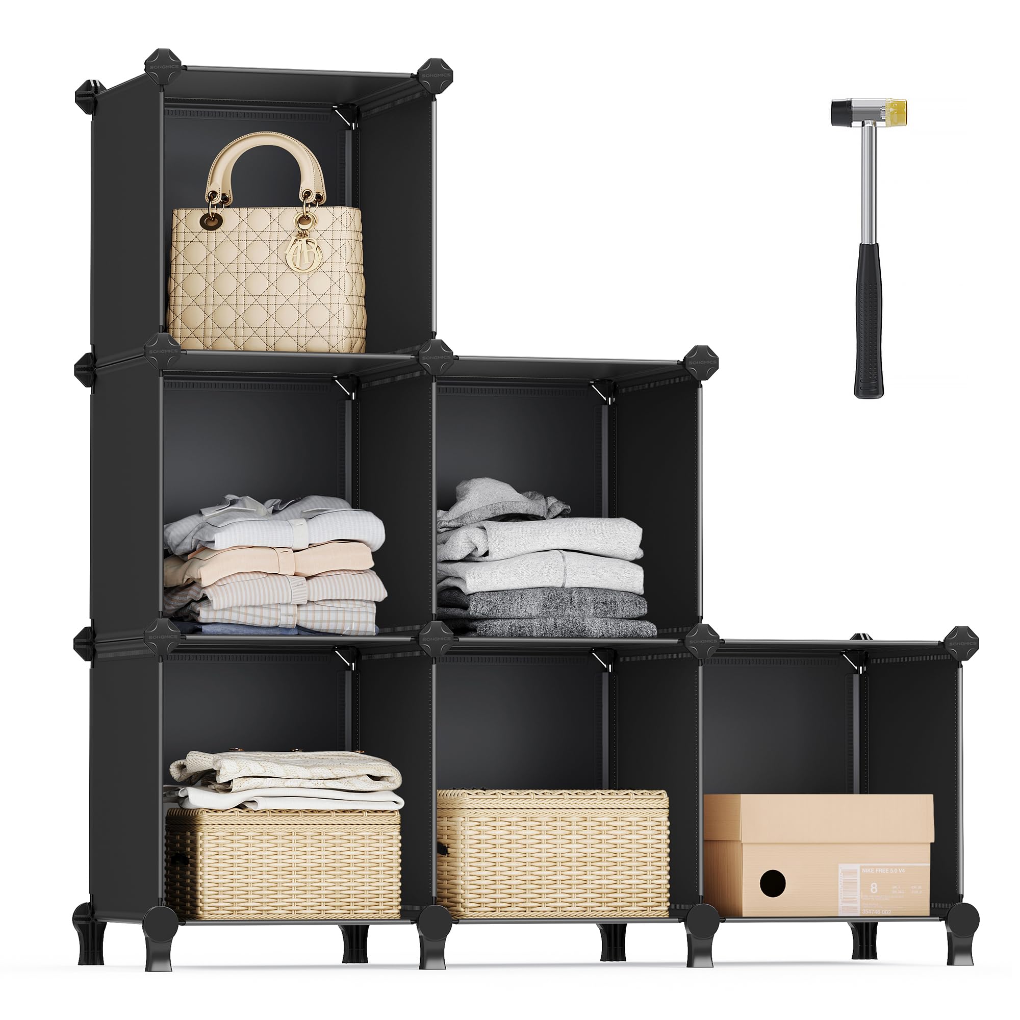 SONGMICS 6 Cube Storage Organizer, DIY Closet Shelf, Plastic Clothes Organizer, Modular Bookcase, 11.8 x 11.8 x 11.8 Inch Cubes,