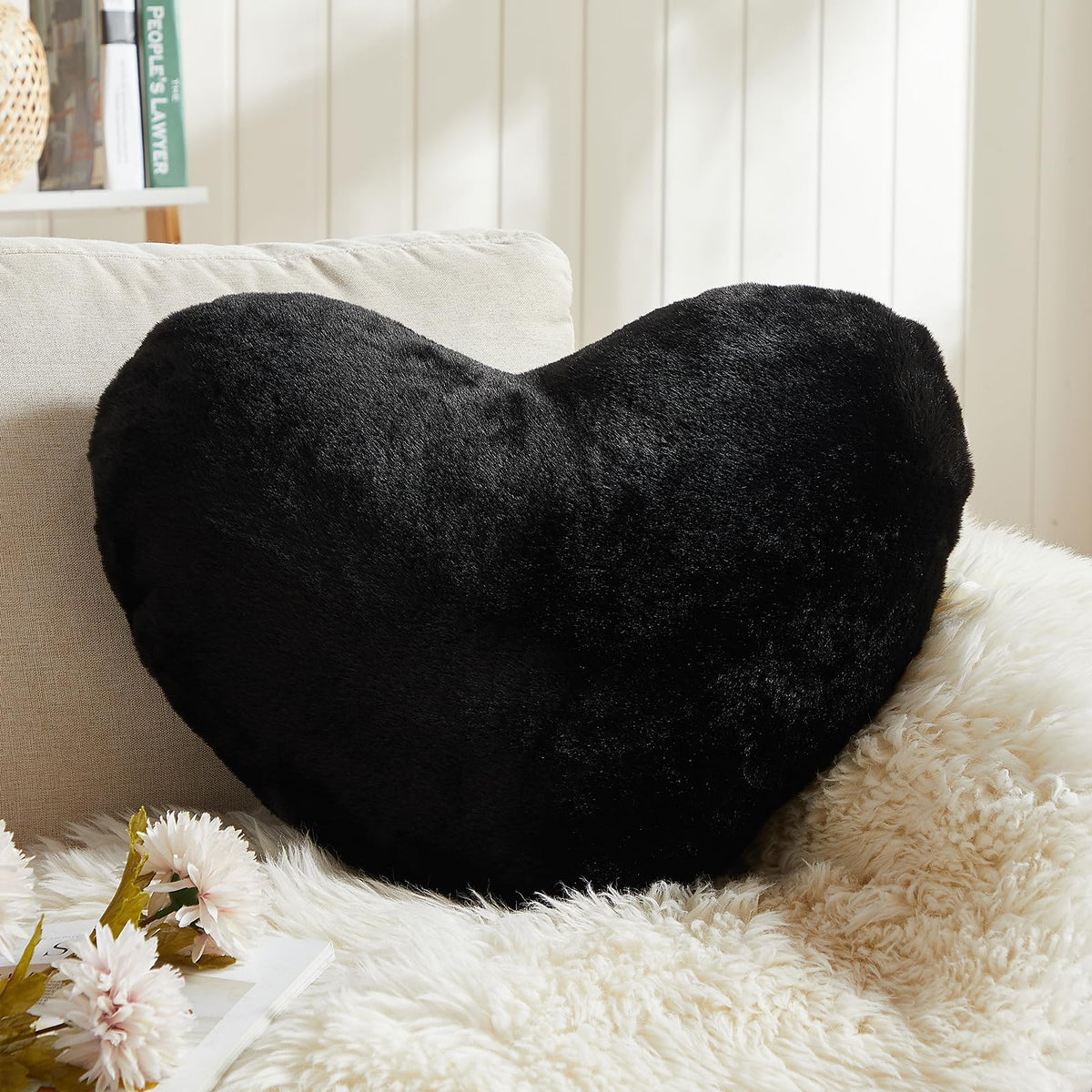 Easttree Heart Pillows, Black Heart Shaped Pillows, Love Throw Pillows Gifts, Ultra Faux Rabbit Fur Soft Small Cute Fluffy Pillo