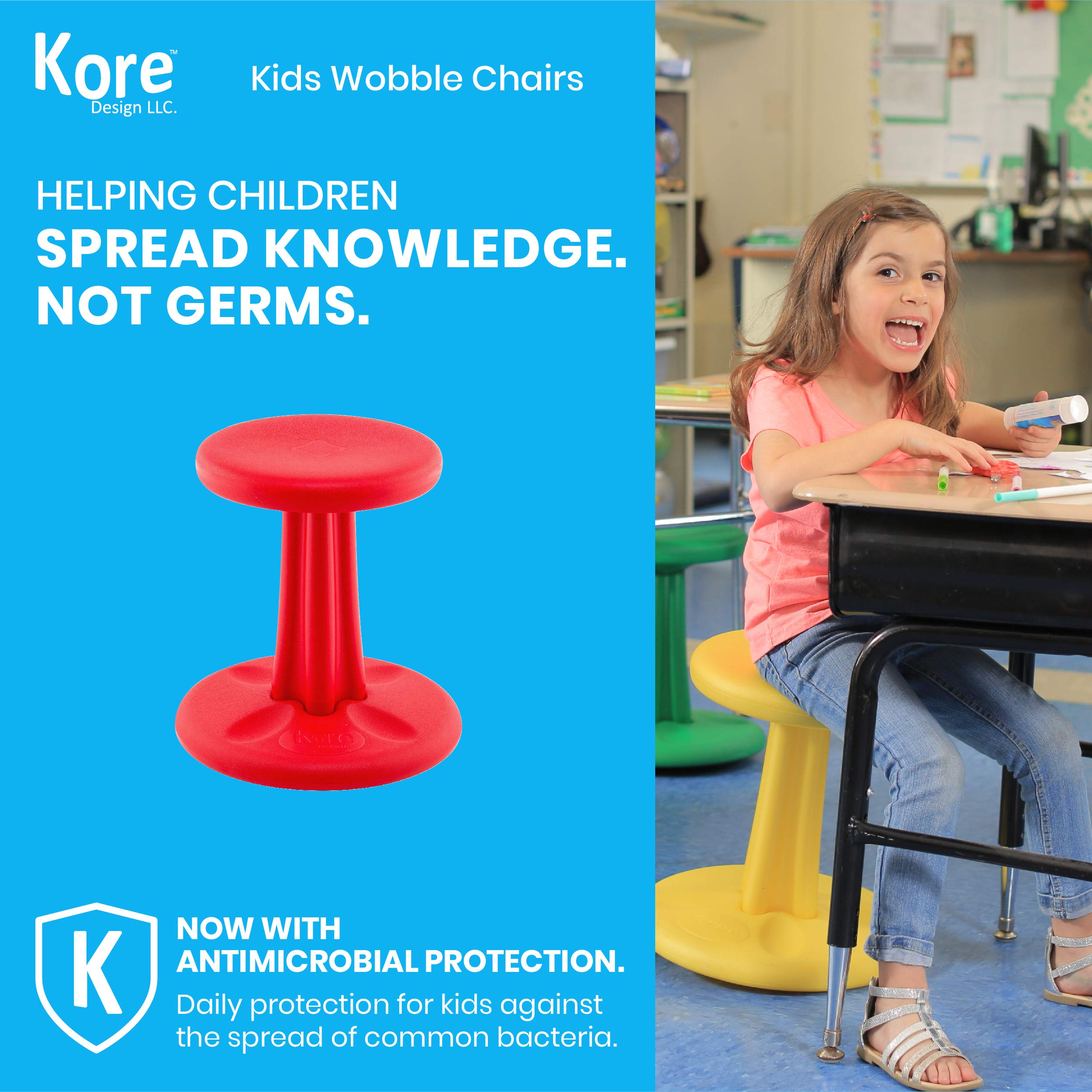 KORE Design Wobble Stool Chair, Girls + Boys Kid Desk Stools, Ergonomic Small Office Chairs, Flexible Seating for Active Kids, ADD/ADHD, Classroom, School, Home, Junior (16in), Age 8-9 yrs, Red