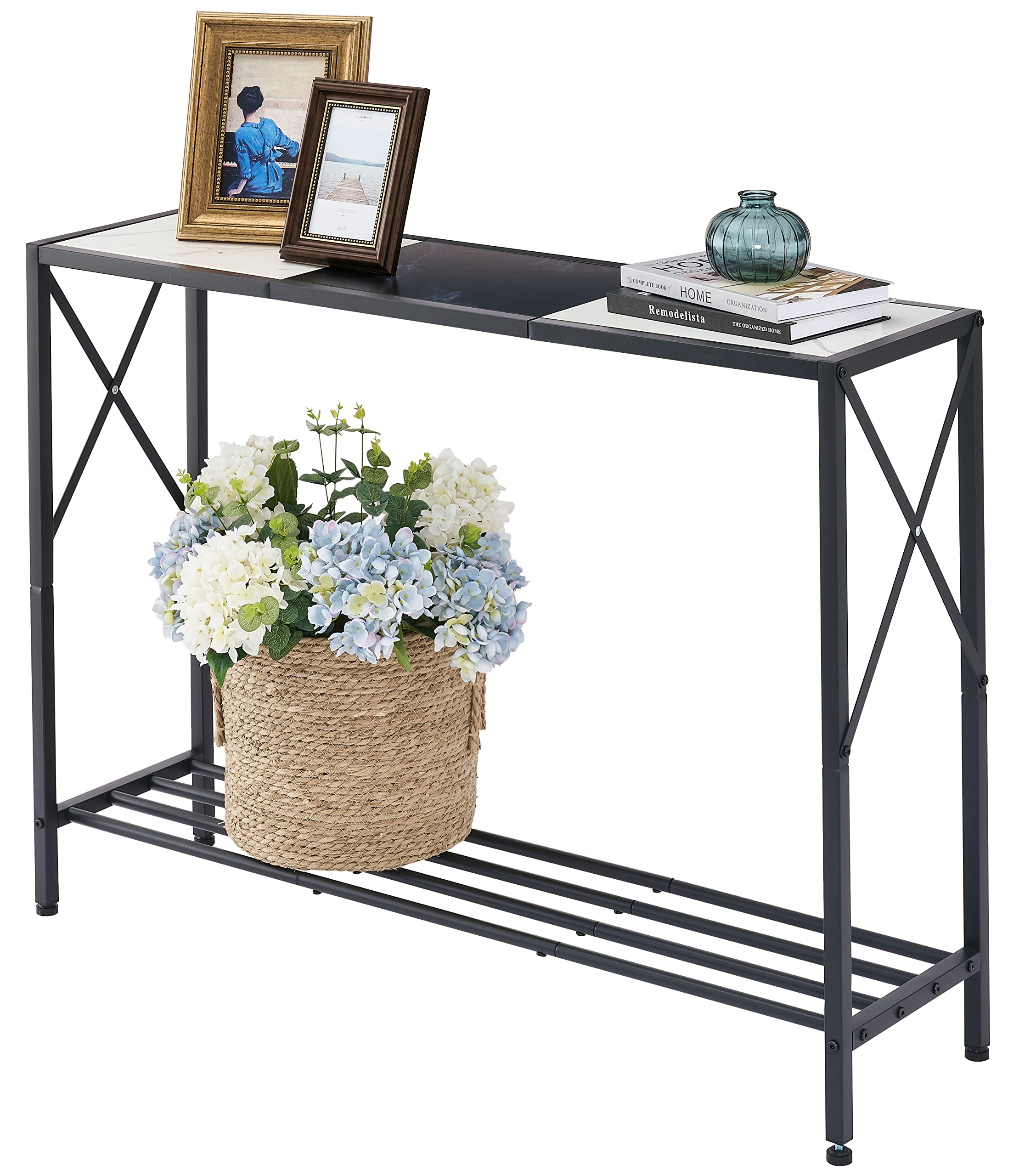 Tajsoon Console Table, 2-Tier Entryway Table, 41.8”L Narrow Sofa Table With Shelves, Entrance Table For Hallway, Entryway, Living Room, Foyer, Corridor, Office, Black & White