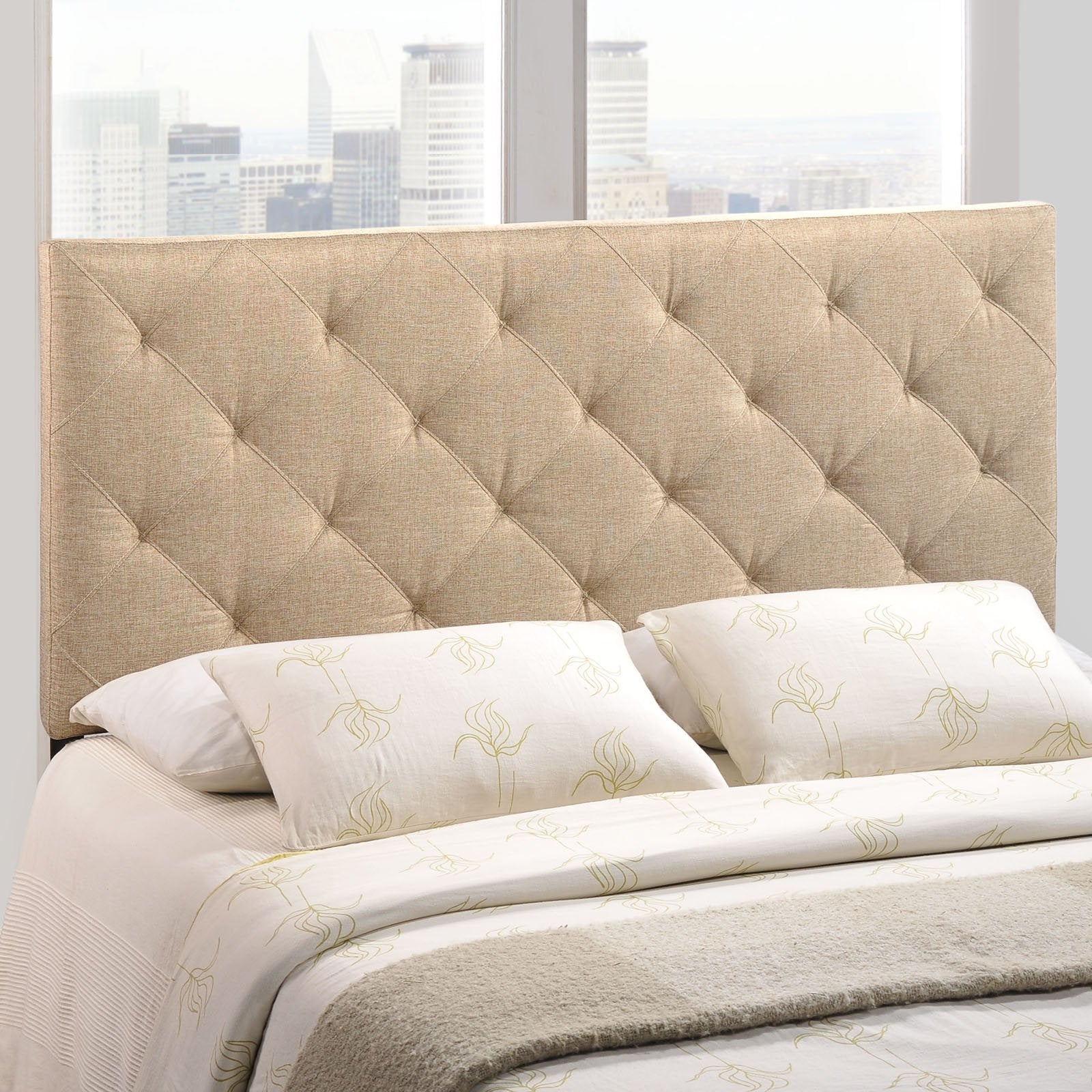 Modway Theodore Tufted Diamond Pattern Linen Fabric Upholstered Queen Headboard in Beige