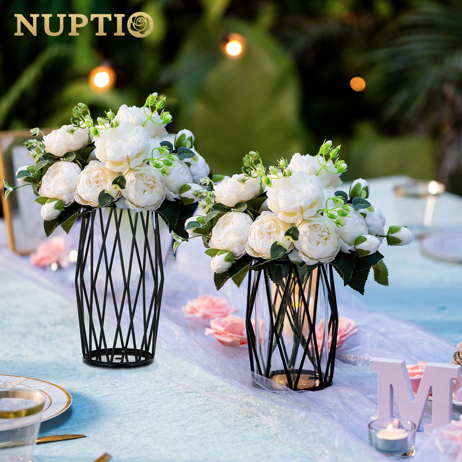 Nuptio Black Pillar Candle Holders - Glass Candles Holder With Geometric Metal Rack Stand For Wedding Birthday Party Centerpiece