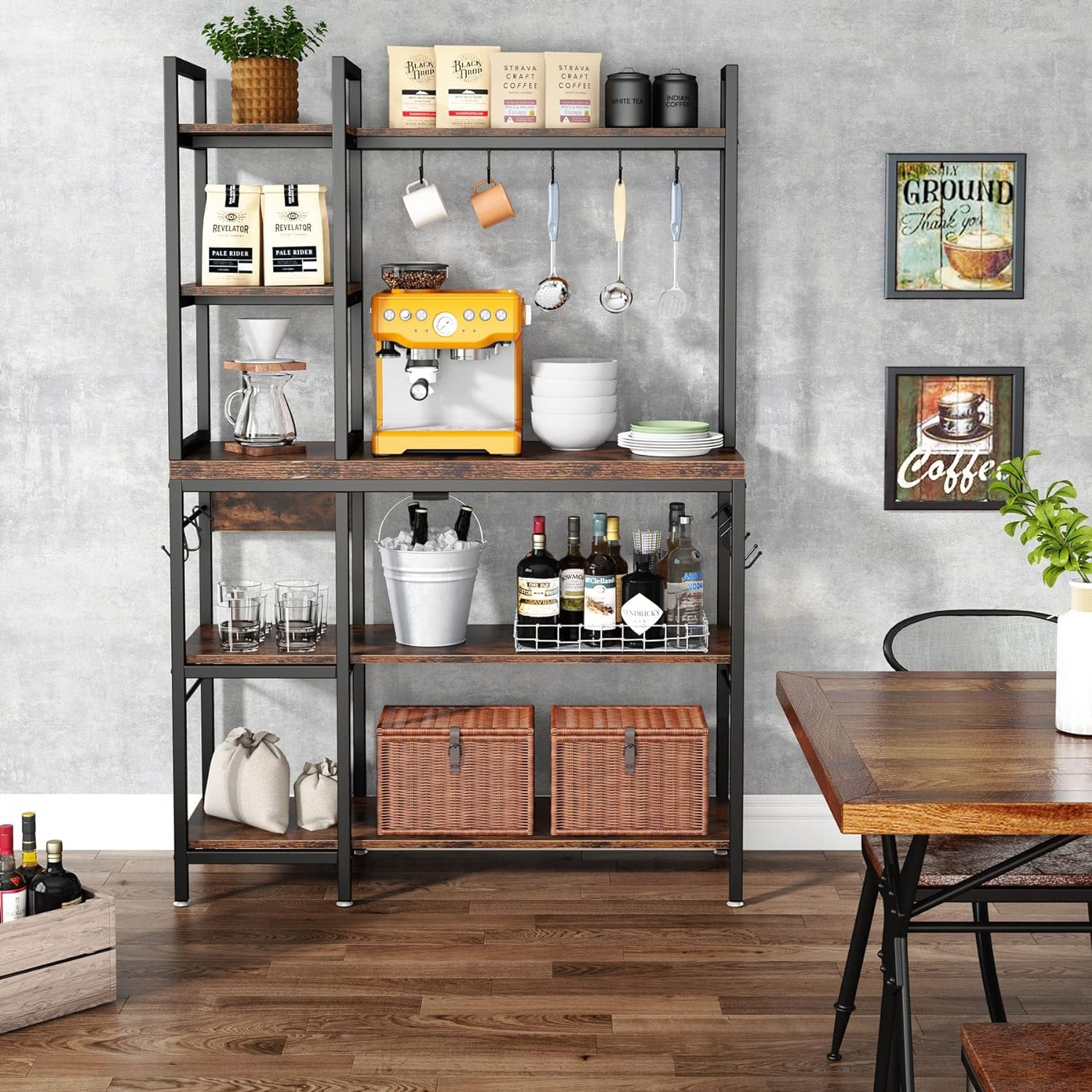 Tribesigns Bakers Rack With Storage For Kitchen 43 Inch Wide Large Racks Shelves, 5-Tier Tall Utility Shelves Organizers And 10 Hooks, Black Brown