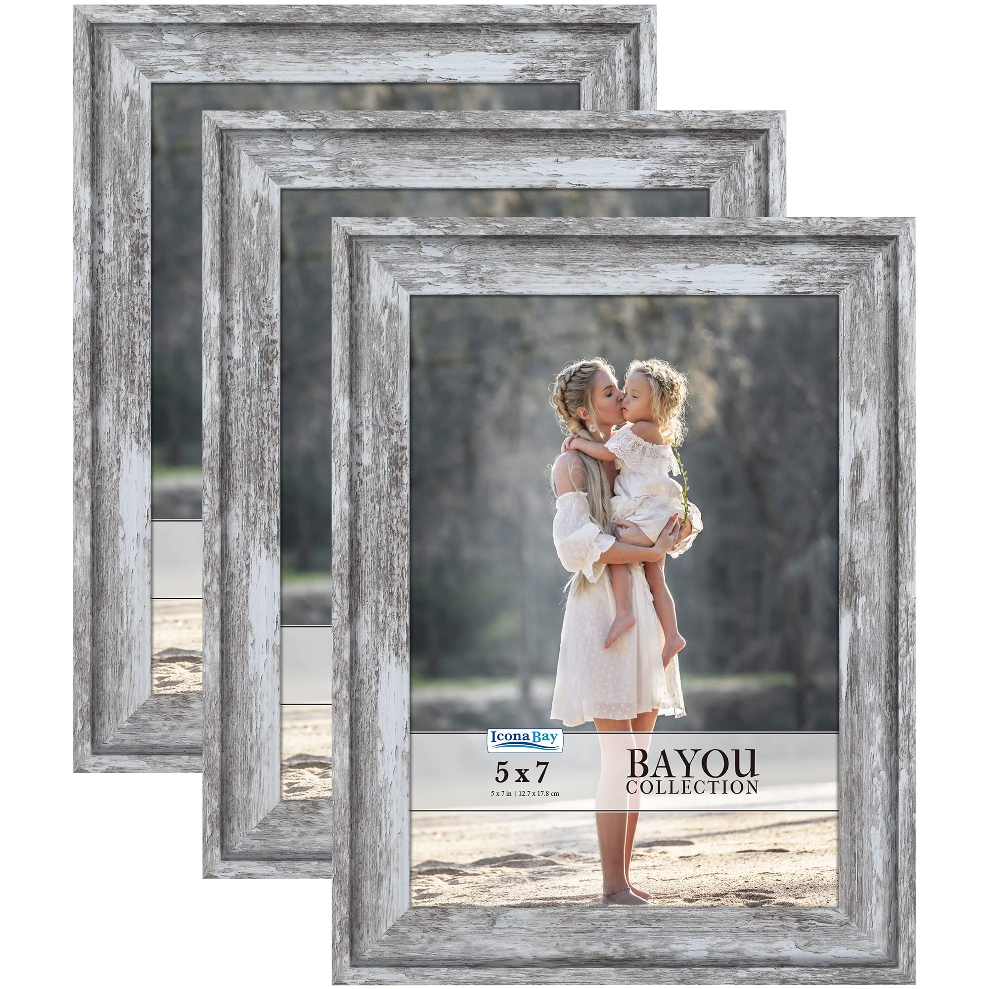Icona Bay 5x7 Picture Frames (Azure Gray, 3 Pack) Cape Cod Style 5 x 7 Photo Frames, Table Top or Wall Mount, Bayou Collection