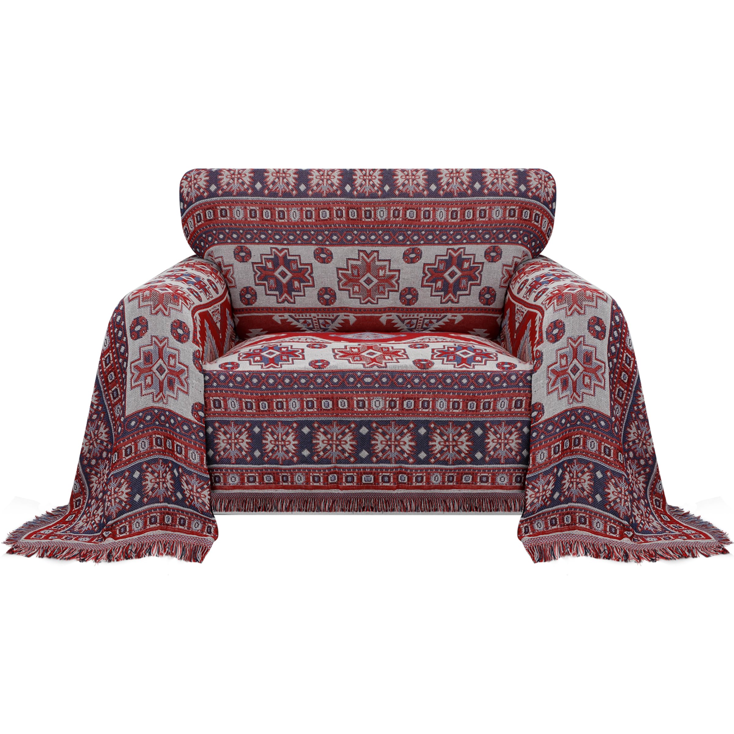 Purefit Geometric Jacquard Throw Sofa Cover - Textured Soft Washable Decorative Couch Covers For 3 Cushion Couch, Throw Cover With Tassels Furniture Protector For Pets, Kids (Small, Bohemia Red)