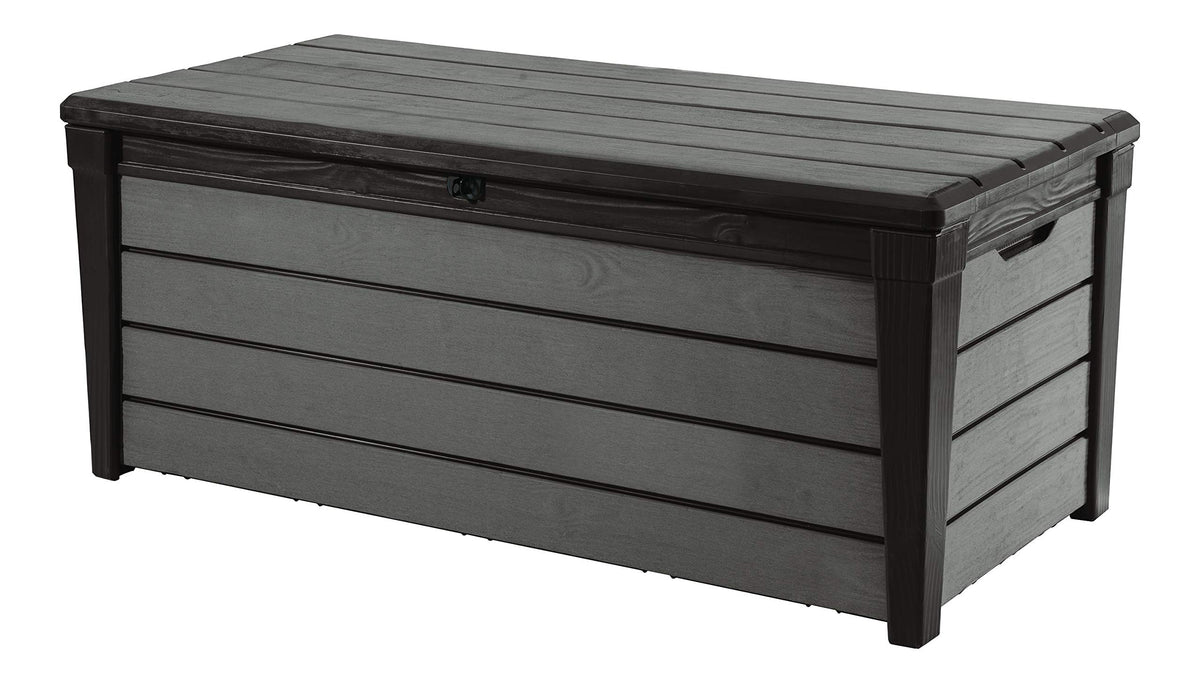 Keter Brushwood 120 Gallon Resin Outdoor Deck Storage Box, Lockable Patio And Garden Furniture Container For Yard Tools And Pool