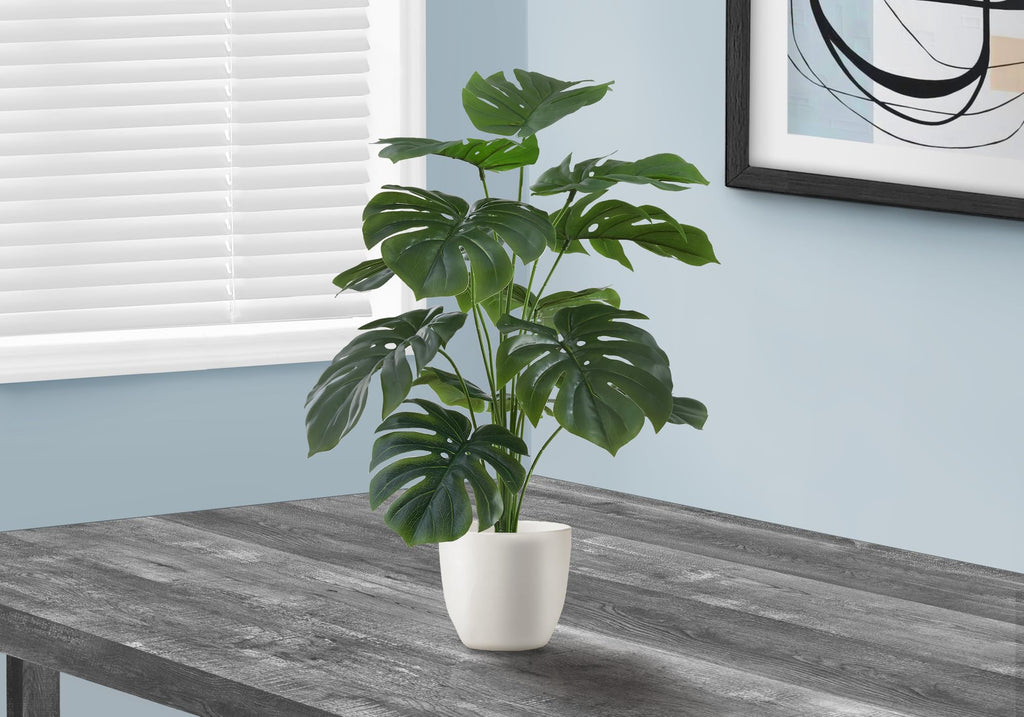 Monarch Specialties I 9551 Artificial Plant, 24' Tall, Monstera, Real Touch, Decorative, Green Leaves, White Pot