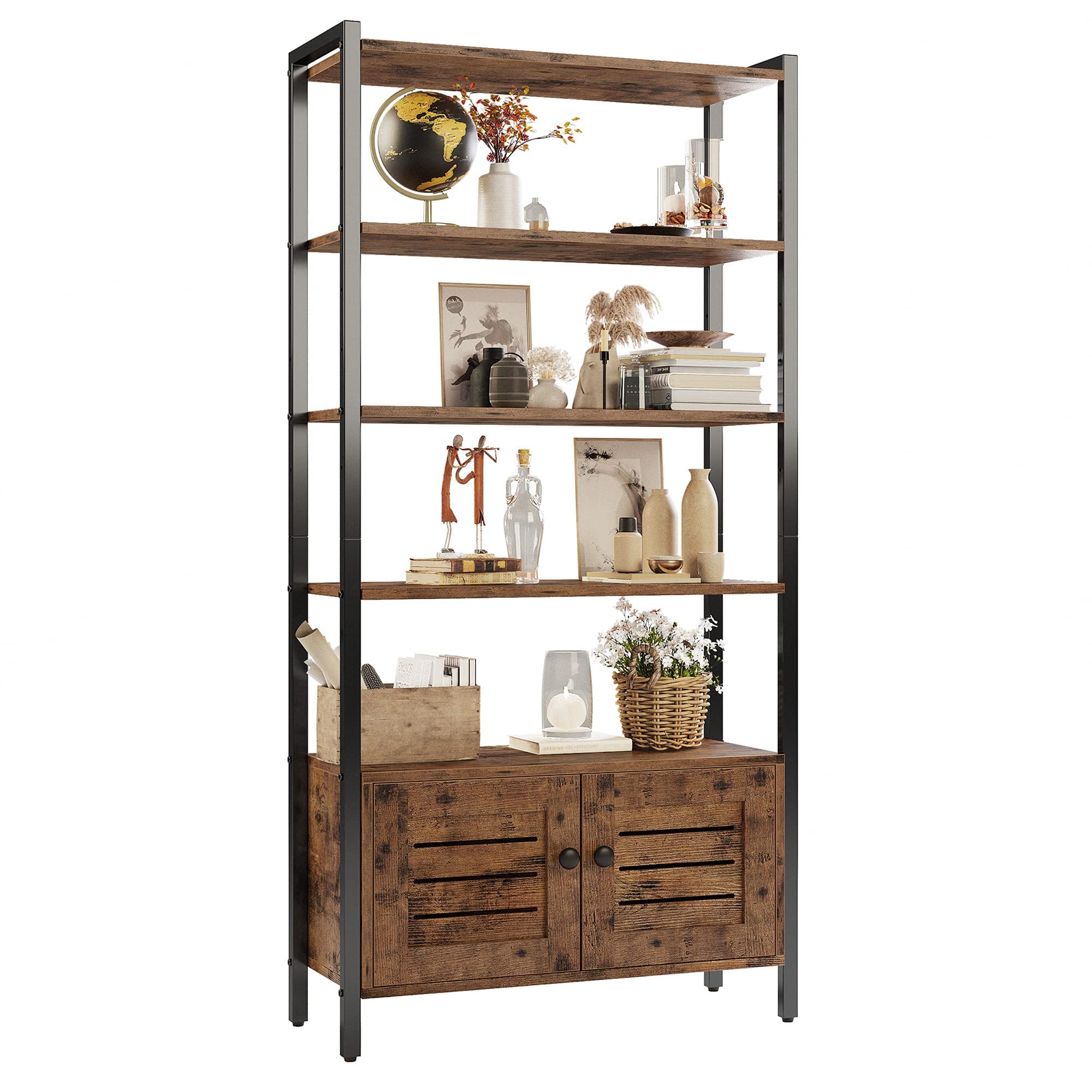 IRONCK Bookshelf and Bookcase with 2 Louvered Doors and 4 Shelves, 27.6 Wide Standing Storage Cabinet for Living Room, Home Offi