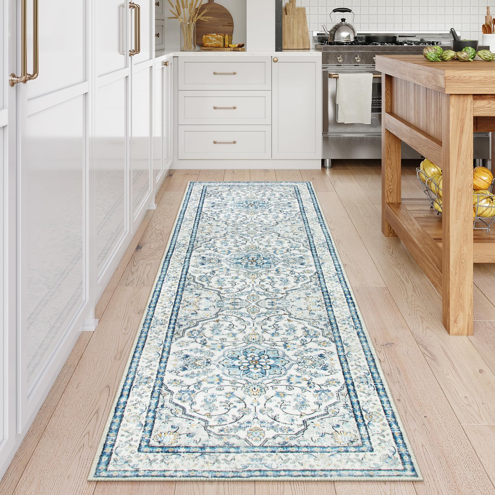 Lahome Oriental Washable Runner Rugs,2.5X8 Long Blue Bathroom Carpet Runner Non-Slip,Boho Kitchen Runner Rugs Non Skid Washable,