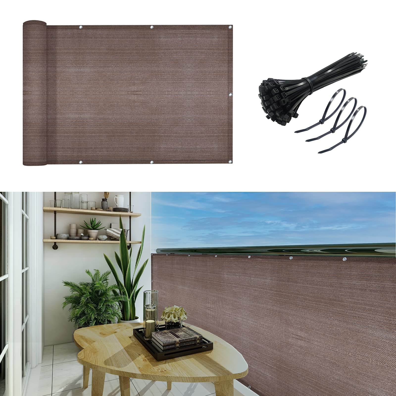 Gardenlux 3'X10'Balcony Privacy Screen Cover Fence Cover Uv Protection Weatherproof Windscreen Heavy Duty For Patio, Backyard,Br