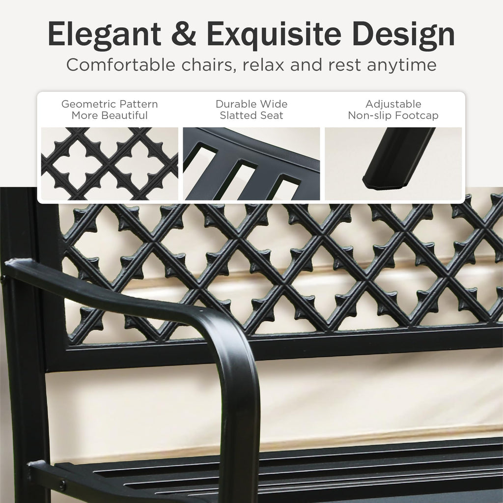 Phi Villa 50' Outdoor Garden Patio Metal Bench For Outdoors With Plastic Backrest Armrests Sturdy Steel Frame, Black