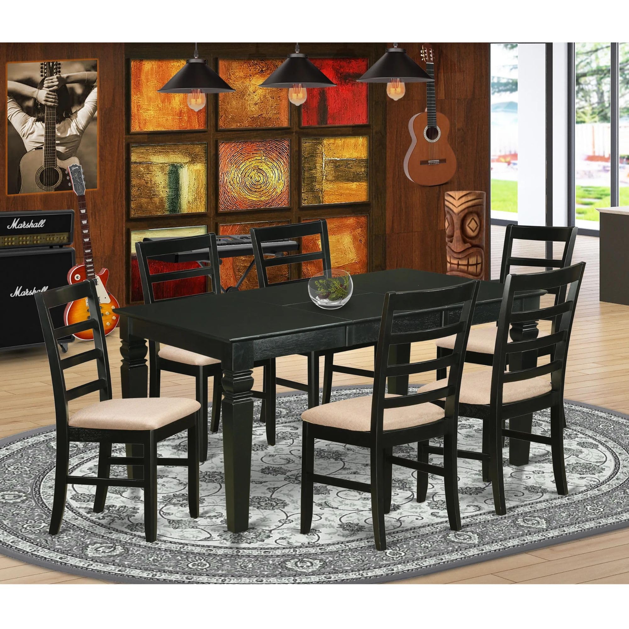 East West Furniture WEPF7-BLK-C 7 Piece Dining Room Table Set Consist of a Rectangle Wooden Table with Butterfly Leaf and 6 Linen Fabric Kitchen Dining Chairs, 42x60 Inch, Black