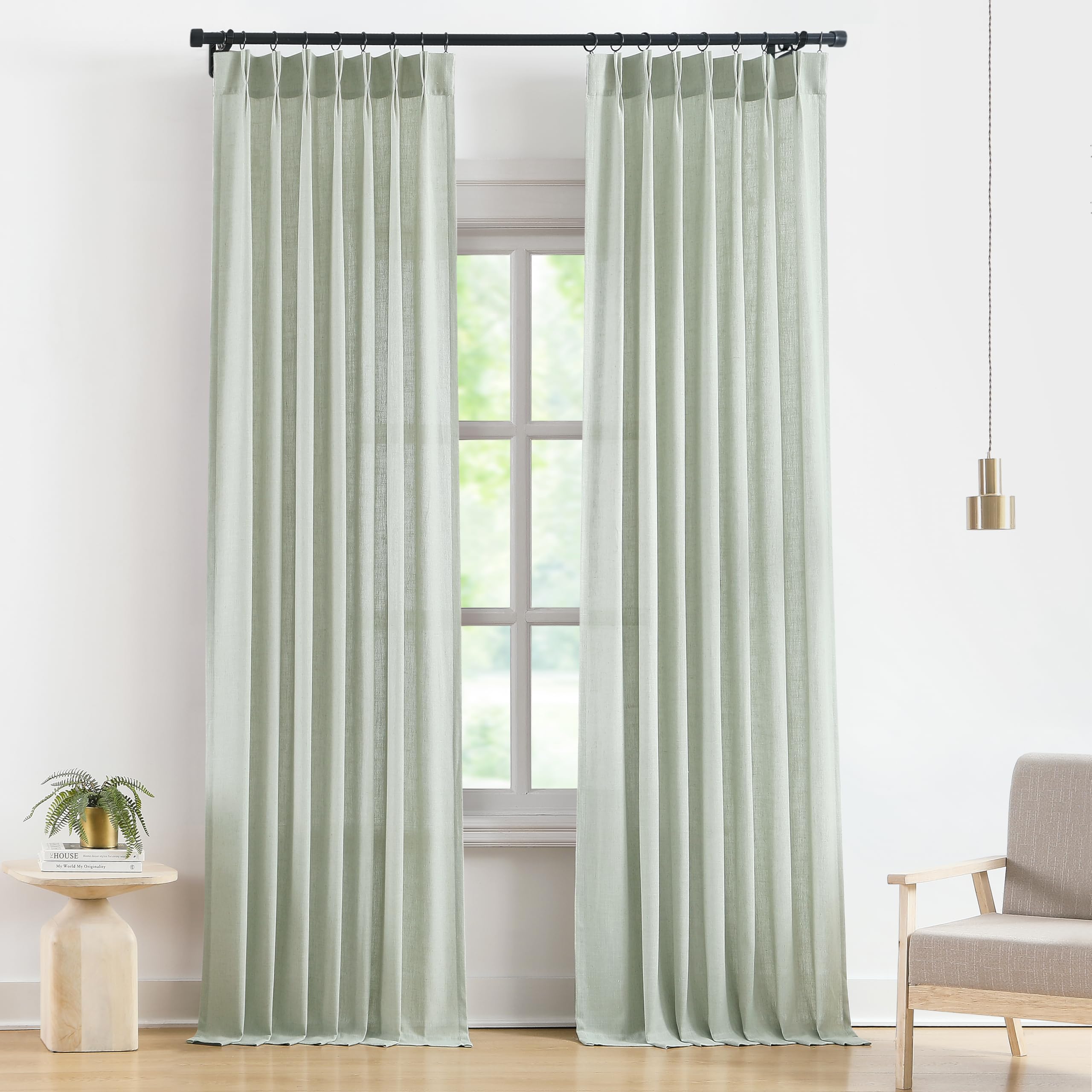 Vision Home Soft Green Pinch Pleated Semi Sheer Curtains Textured Linen Blended Light Filtering Window Curtains 120 Inch For Liv