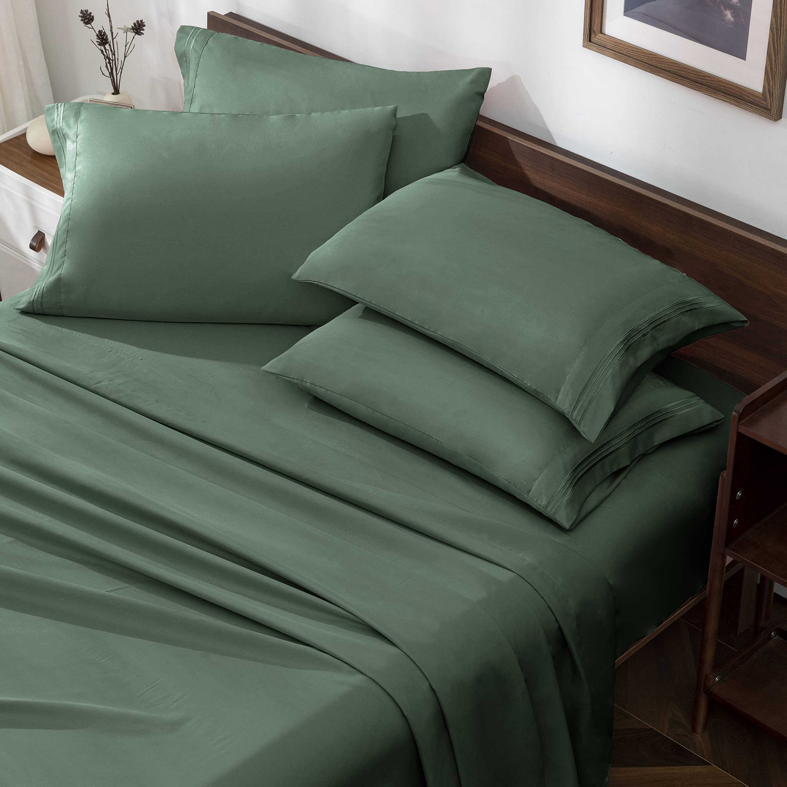Horbaunal Green Full Size Sheet Set - 6 Piece Luxury 1800 Thread Count Bedding Sheets & Pillowcases - 16 Inch Deep Pocket Microf
