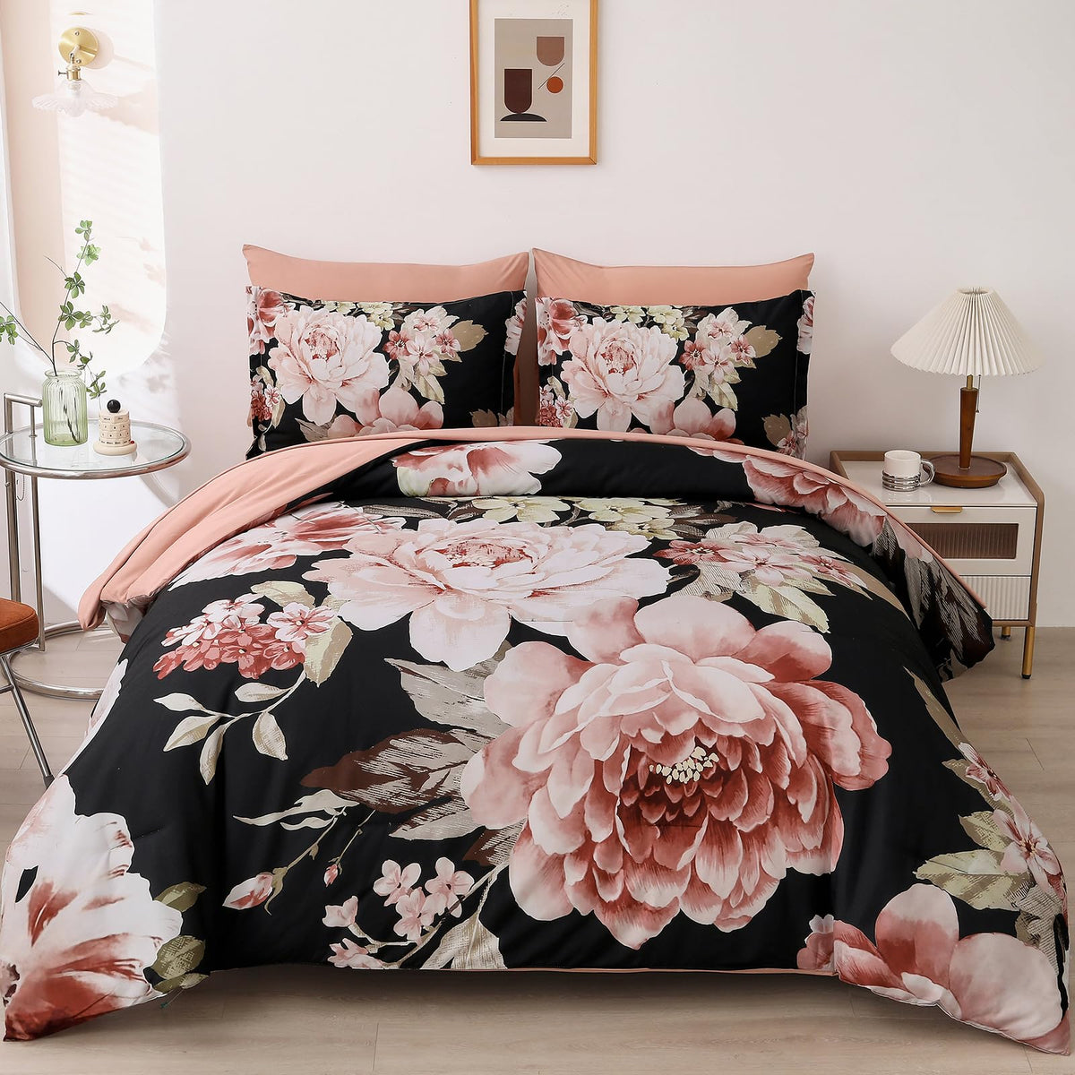 Dintszyayue Queen Comforter Set Black 7 Pieces Bed In A Bag, Pink Floral Bedding Sets Elegant Flower Bed Set Lightweight Comfort