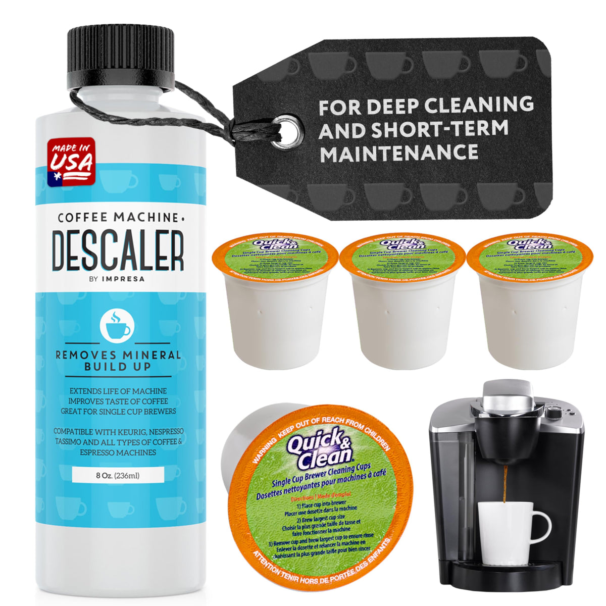 IMPRESA Descaler Solution and Cleaning Kit Bundle Pack - Includes 1 Bottle of 8 oz Coffee Descaler and 4 Cleaning Pods - All-In-