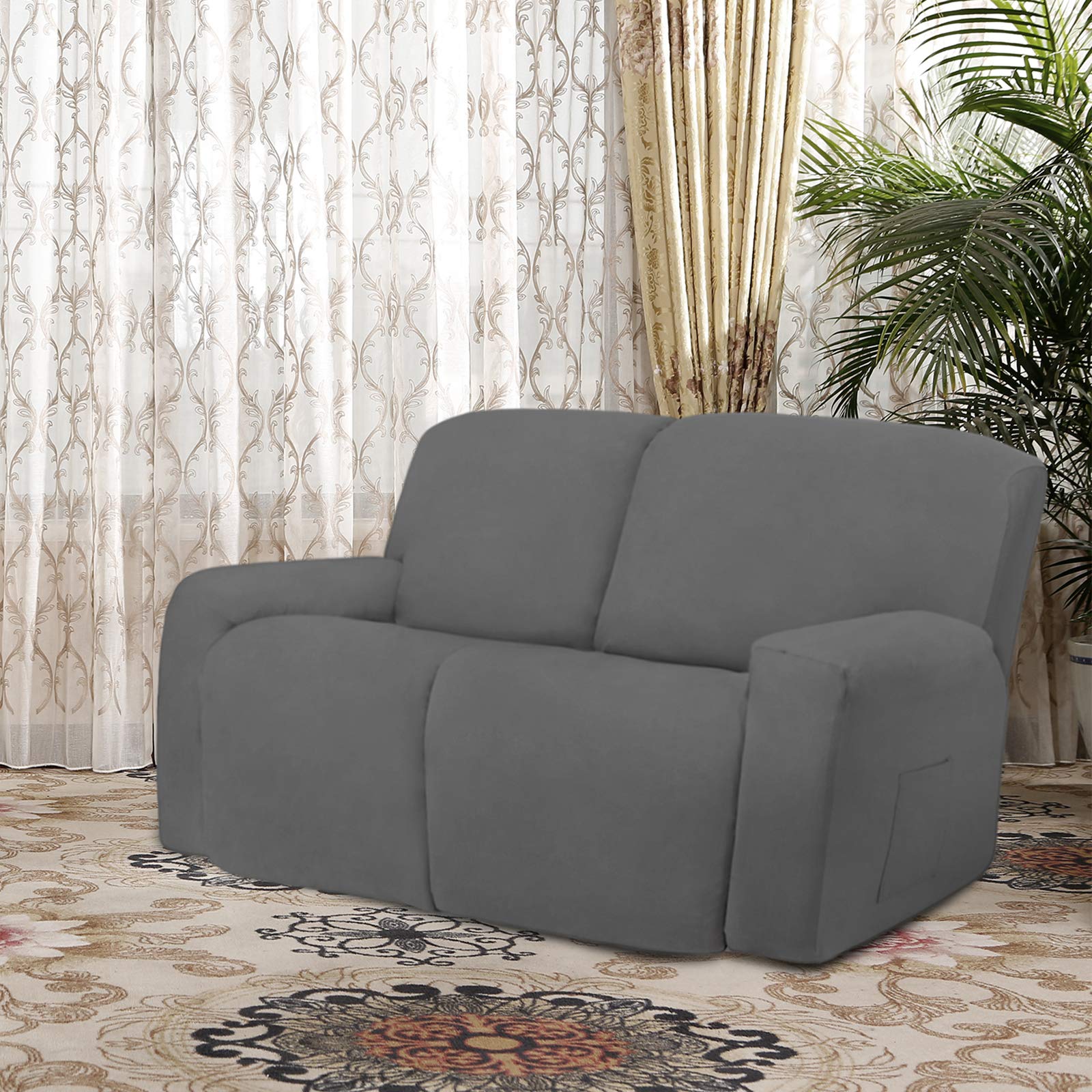 Easy-Going 6 Pieces Microfiber Stretch Sectional Recliner Sofa Slipcover Soft Fitted Fleece 2 Seats Couch Cover Washable Furniture Protector With Elasticity For Kids( Recliner Loveseat, Gray)