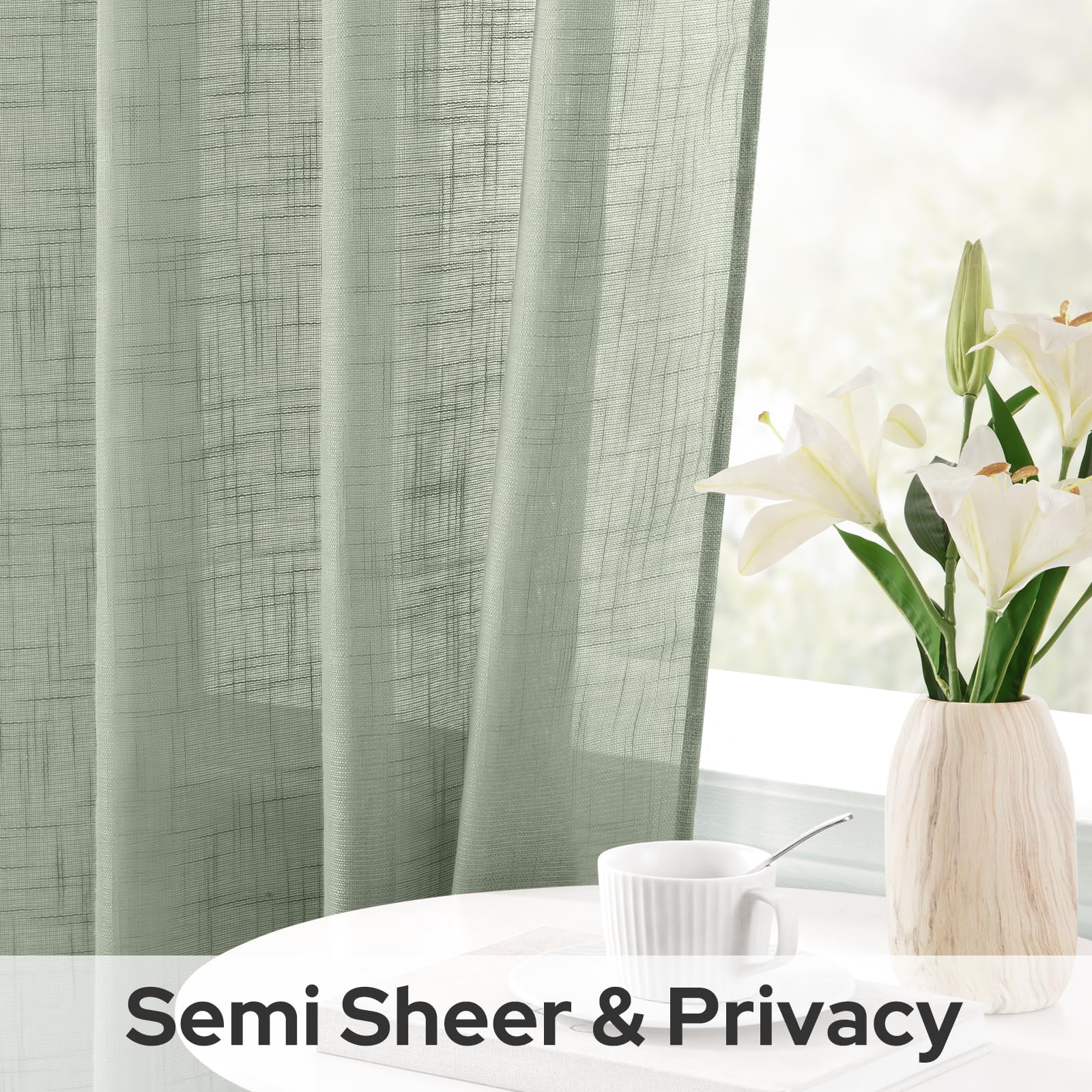 Homeideas Sage Green Linen Sheer Curtains 63 Inches Long 2 Panels Textured Semi Sheer Curtains Farmhouse Curtains Sheer Privacy