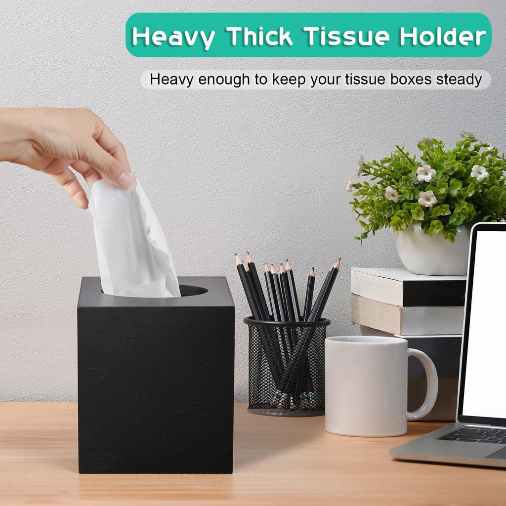 ALELION Wooden Tissue Box Cover - Large Black Square Holder for Tabletop, Night Stands, Bathroom, Office - Decorative Facial Cube