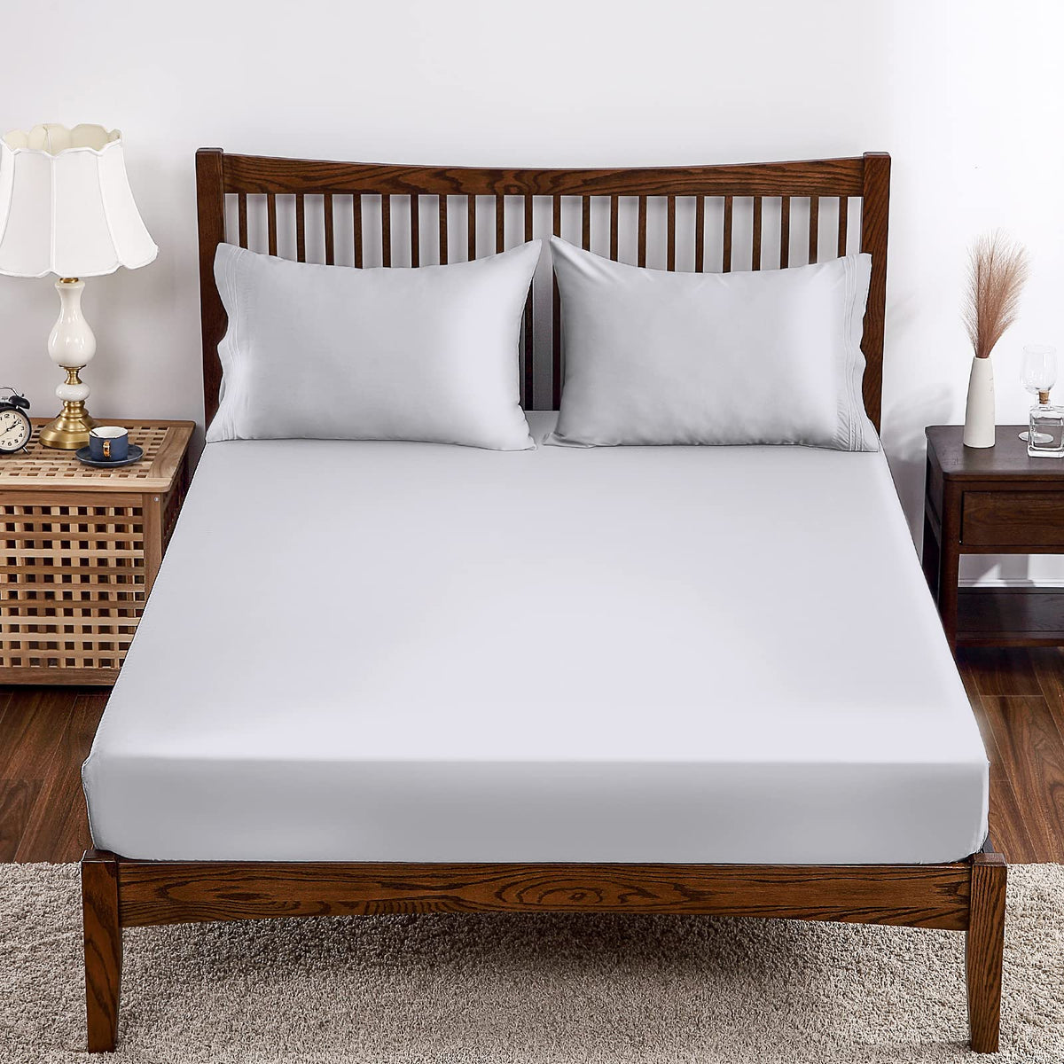 100% Bamboo Viscose Fitted Sheet Twin Size, Fitted Sheet Only, 400 Thread Count Gray, 8'-16' Deep Pocket, Super Soft, Bottom S