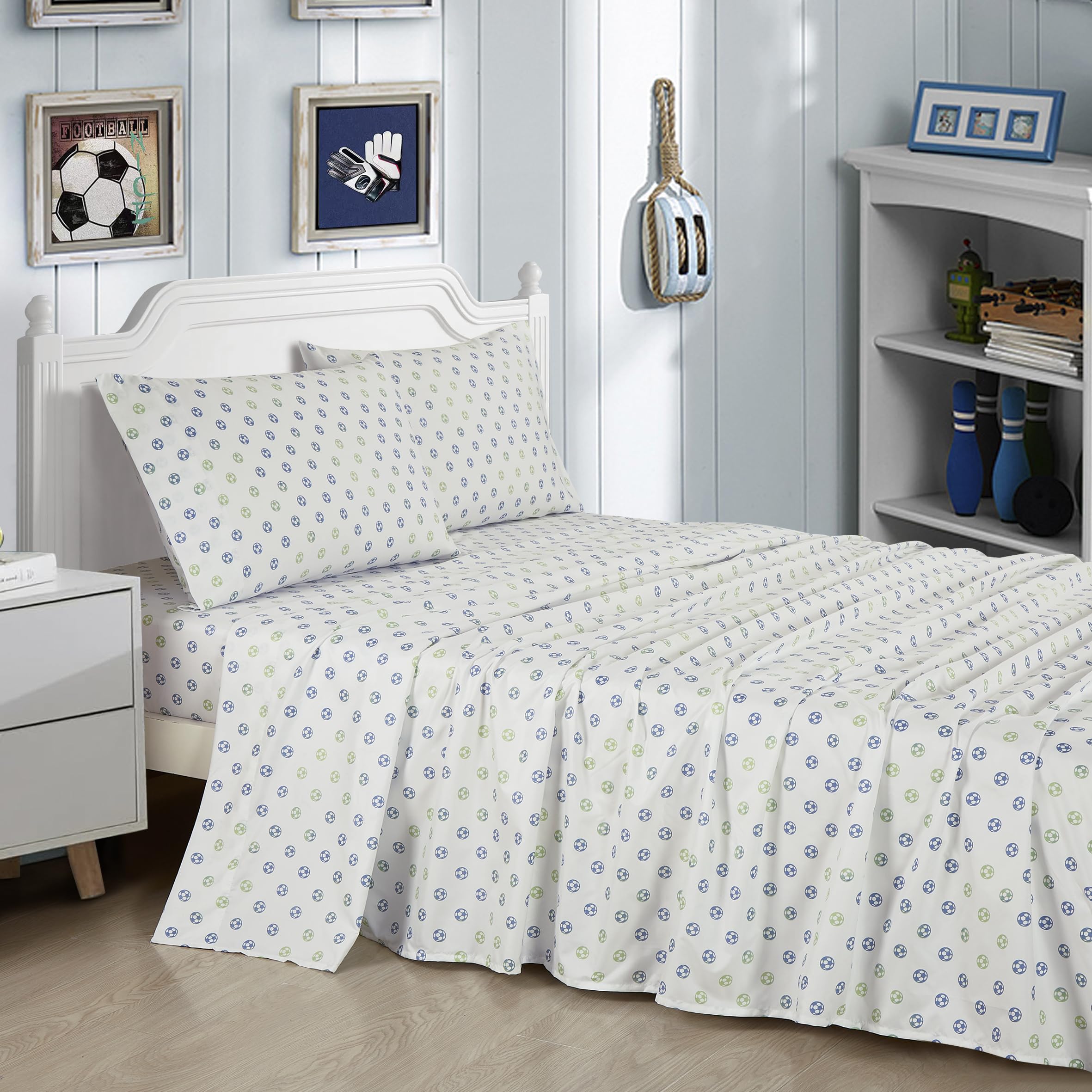 Chezmoi Collection 4-Piece Football Soccer Sheet Set - Soft Microfiber Blue Green White Soccer Football Kids Sheets, Queen Size