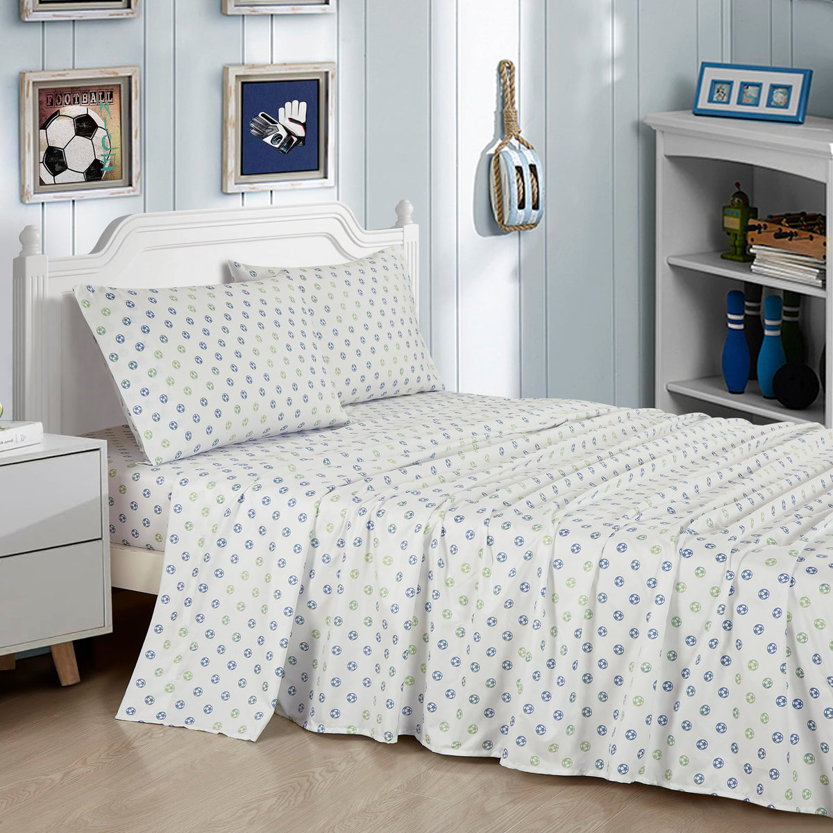 Chezmoi Collection 3-Piece Kids/Teens Football Soccer Sheet Set - Soft Microfiber Blue Green White Soccer Football Kids Sheets,