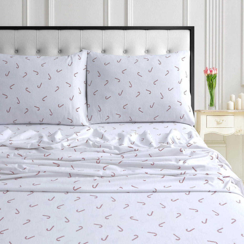 Tribeca Living Ultra-Soft Flannel Sheet Set, 170-Gsm Cotton, Deep Pocket, Cozy Winter Bedding - Queen, Candy Cane Red