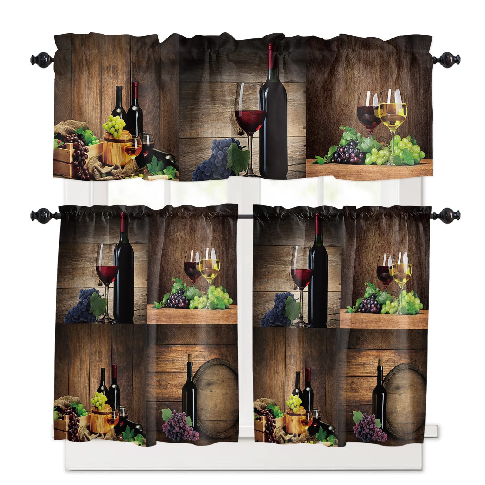 Homechoid Wine Kitchen Curtains And Floral Valance Set, Farmhouse Grapes Fruit Rustic Wood Small Short Half Tier Curtains 24 Inc