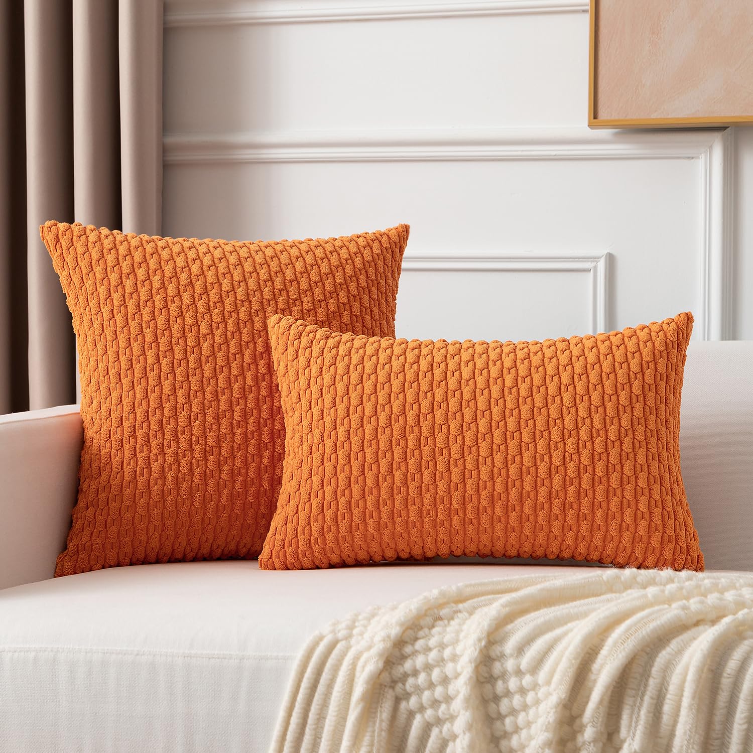 Kevin Textile Pack Of 2 Corduroy Decorative Throw Pillow Covers 18X18 Inch Soft Boho Striped Pillow Covers Modern Farmhouse Home Decor For Spring Sofa Living Room Couch Bed Orange