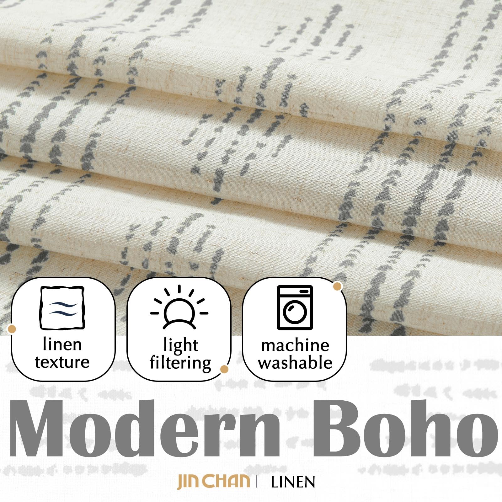 Jinchan Boho Kitchen Curtains Linen Tier Curtains 36 Inches Bohemian Small Cafe Curtains Gray Striped Farmhouse Curtains For Bathroom Rv Camper Light Filtering Rod Pocket 2 Panels Grey On Beige