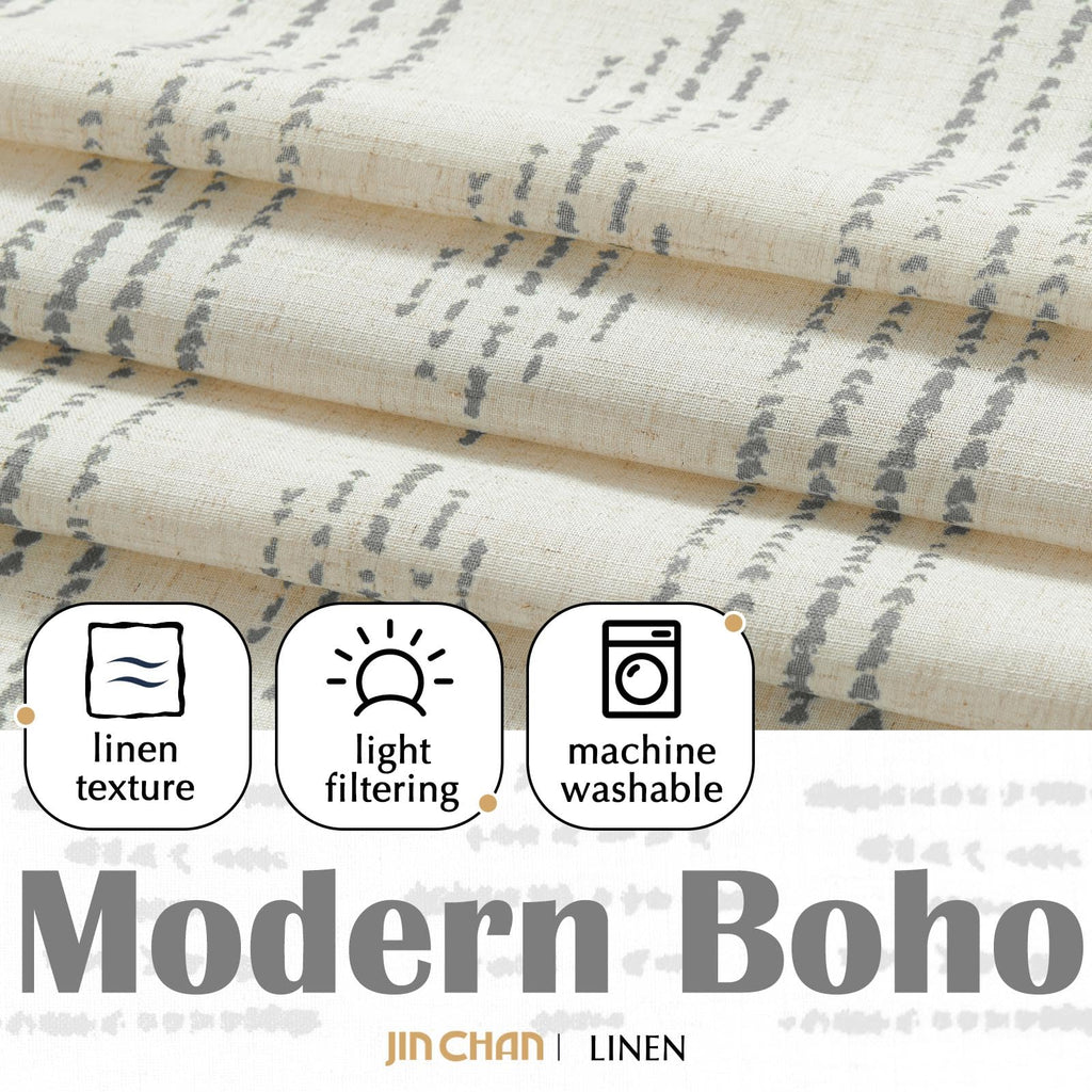 Jinchan Boho Kitchen Curtains Linen Tier Curtains 24 Inches Bohemian Small Cafe Curtains Gray Striped Farmhouse Curtains For Bat
