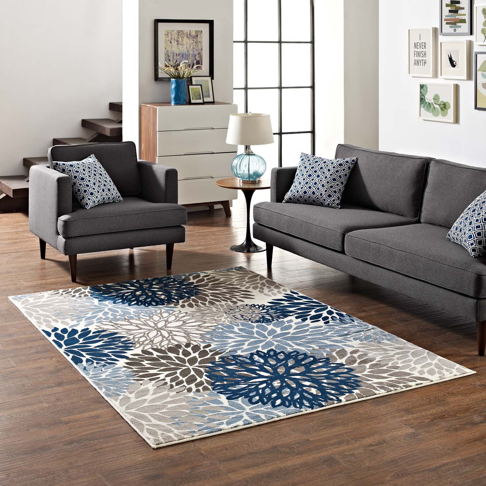 Modway Calithea Vintage Classic Abstract Floral 5X8 Area Rug In Blue, Brown And Beige