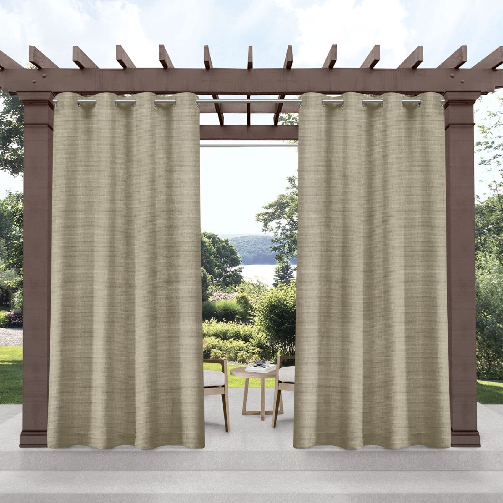 Exclusive Home Miami Semi-Sheer Textured Indoor/Outdoor Grommet Top Curtain Panel Pair, 54'X84', Taupe