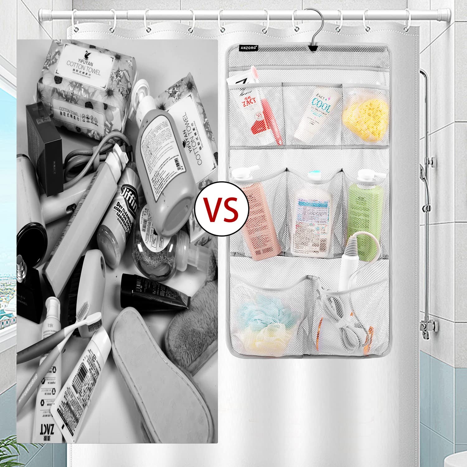 Anzorg Mesh Shower Organizer Hanging Caddy Quick Dry Bathroom Storage For Toiletry Accessories With Rotating Hanger (8 Pockets)