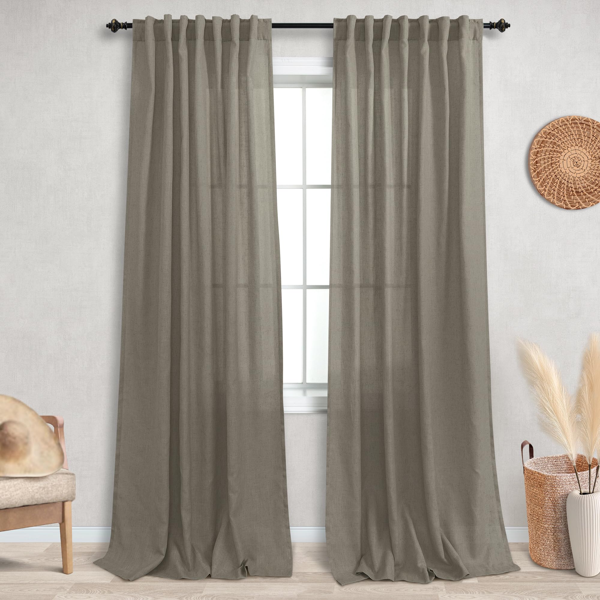 Koufall 90 Inch Curtains Long For Living Room,Sheer Linen Semi Light Filtering Custom Made Curtains For Windows Dining Room Bedroom,52X90 In Length 2 Panels Set,Taupe/Light Brown