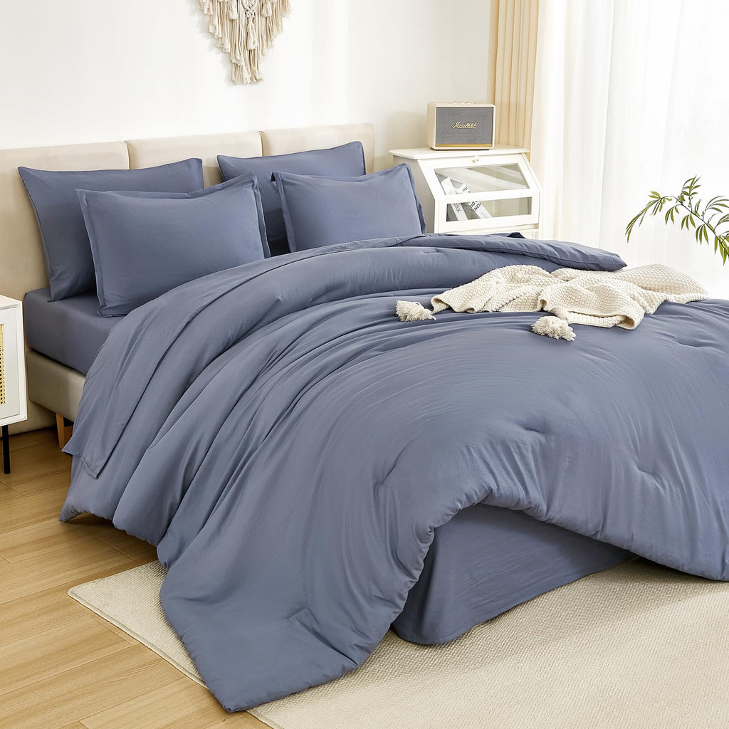 Litanika California King Comforter Set Bluish Grey - 7 Pieces Bed In A Bag Cal King Beddding Comforter Sets, Plain Lightweight B