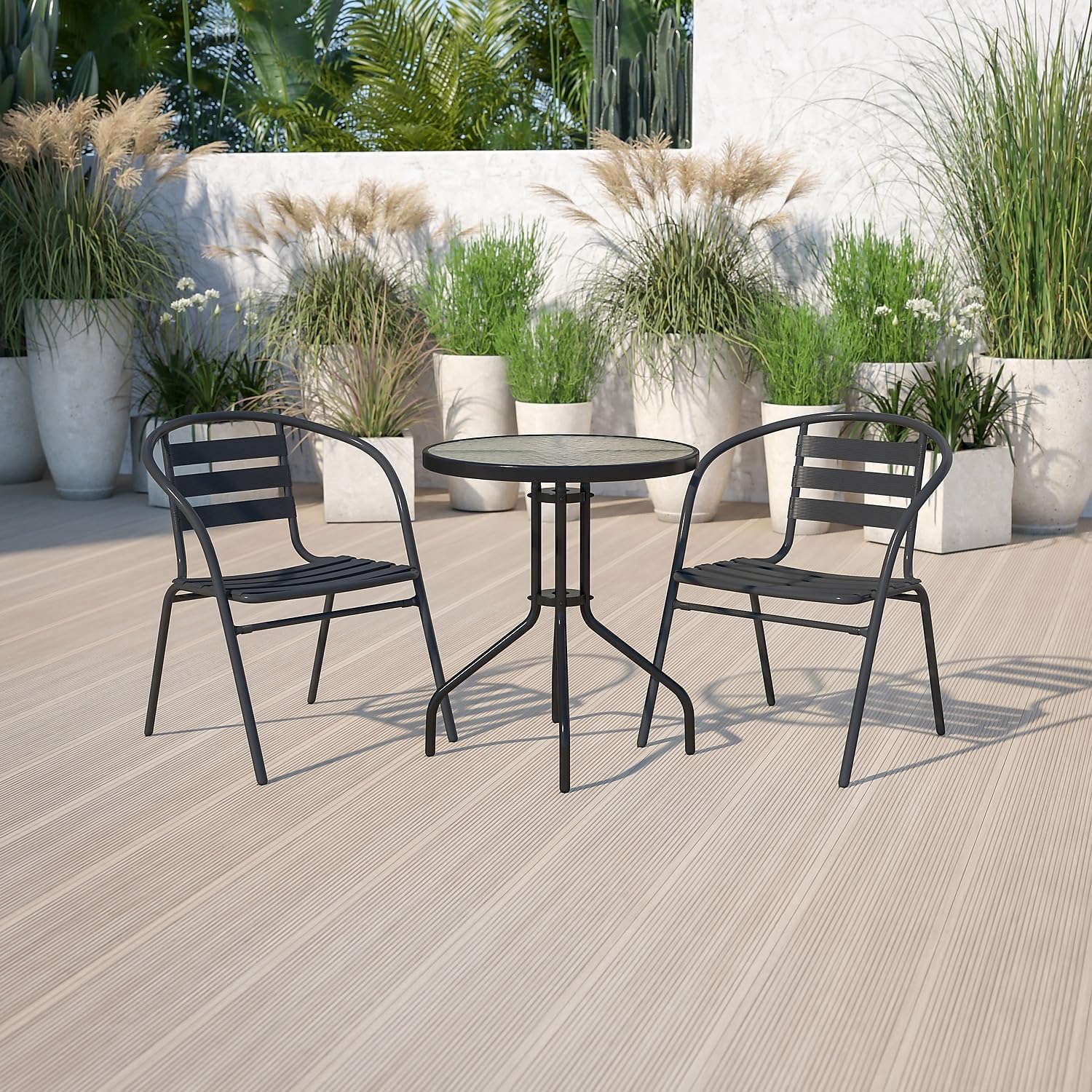 Flash Furniture 23.75'' Round Glass Metal Table With 2 Black Metal Aluminum Slat Stack Chairs