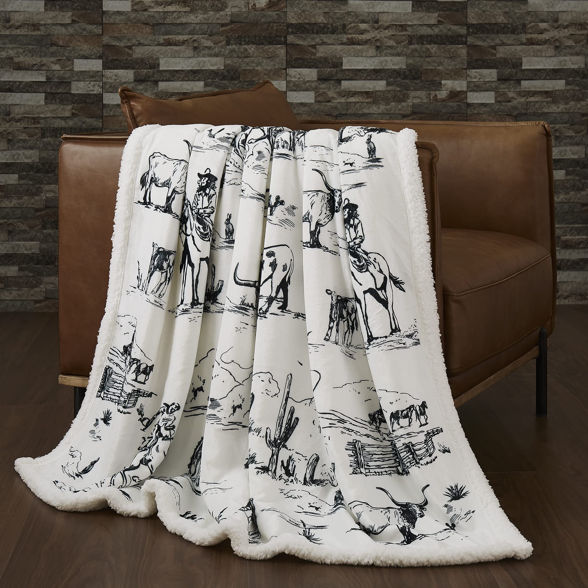 Indigo Hill By Hiend Accents Ranch Life Sherpa Throw Blanket, White Black Cowboy Cow Longhorn Horse Print Western Blanket For Ca