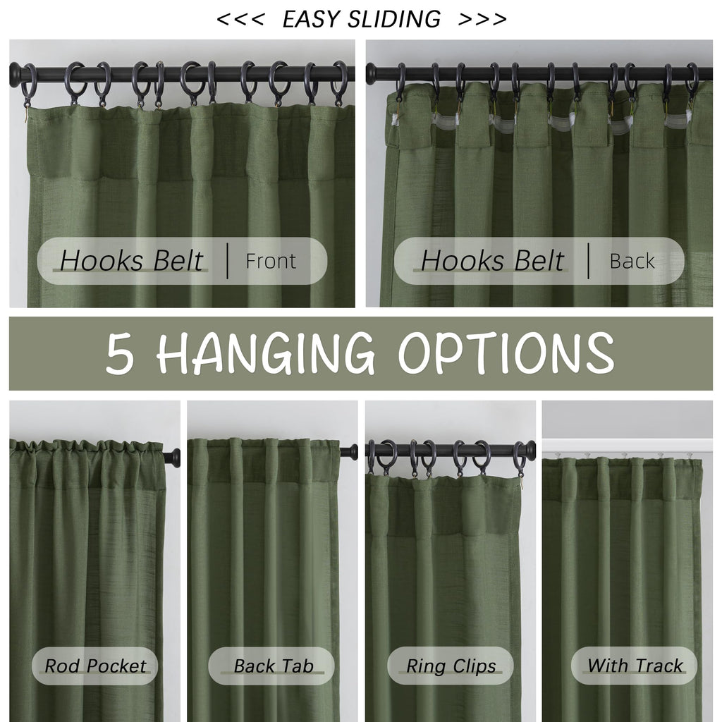 Olive Linen Back Tab Curtains 132 Inches Extra Long Ceiling To Floor For Villa Farmhouse -2 Panels Hooks Belt Pinch Pleated Easy Sliding Curtains Light Filtering Semi Sheer Drapres 52' X 132' Length