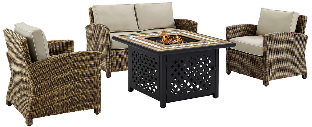Crosley Furniture Bradenton 4-Piece Wicker Outdoor Loveseat Patio Furniture Set with Gas Fire Pit Table, Brown with Sand Cushions