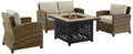 Crosley Furniture Bradenton 4-Piece Wicker Outdoor Loveseat Patio Furniture Set with Gas Fire Pit Table, Brown with Sand Cushions