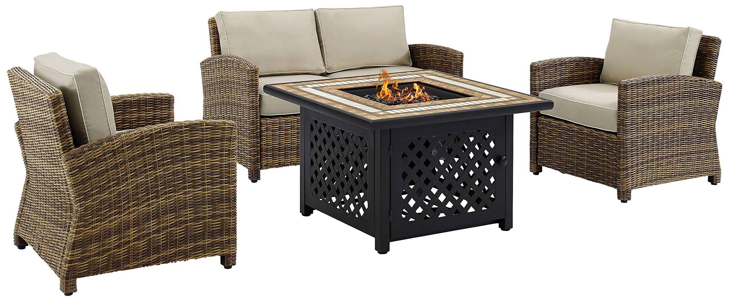 Crosley Furniture Bradenton 4-Piece Wicker Outdoor Loveseat Patio Furniture Set with Gas Fire Pit Table, Brown with Sand Cushions