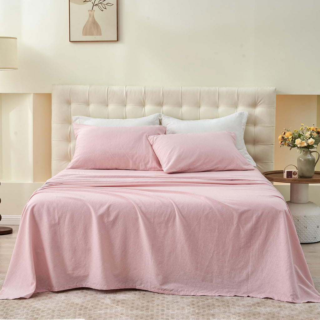 Simple&Opulence Belgian Linen Sheet Set Solid Color - 4 Pieces (1 Flat Sheet & 1 Fitted Sheet & 2 Pillowcases) Natural Flax Cotton Blend Soft Bedding Breathable Farmhouse - Pale Pink, King Size