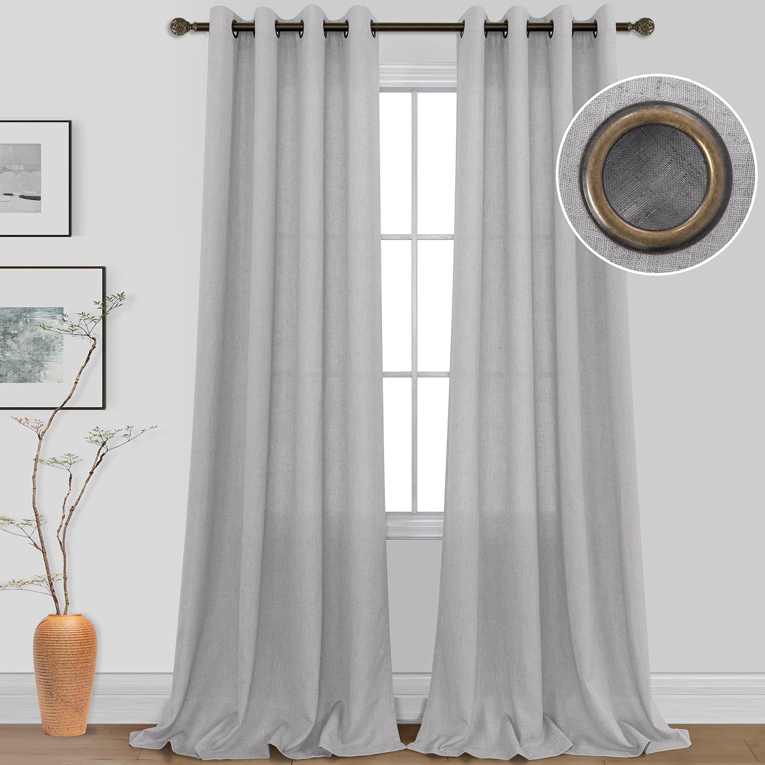 Koufall Grey Bronze Grommet Linen Blend Sheer Curtains For Living Room 52X96 Inch Length