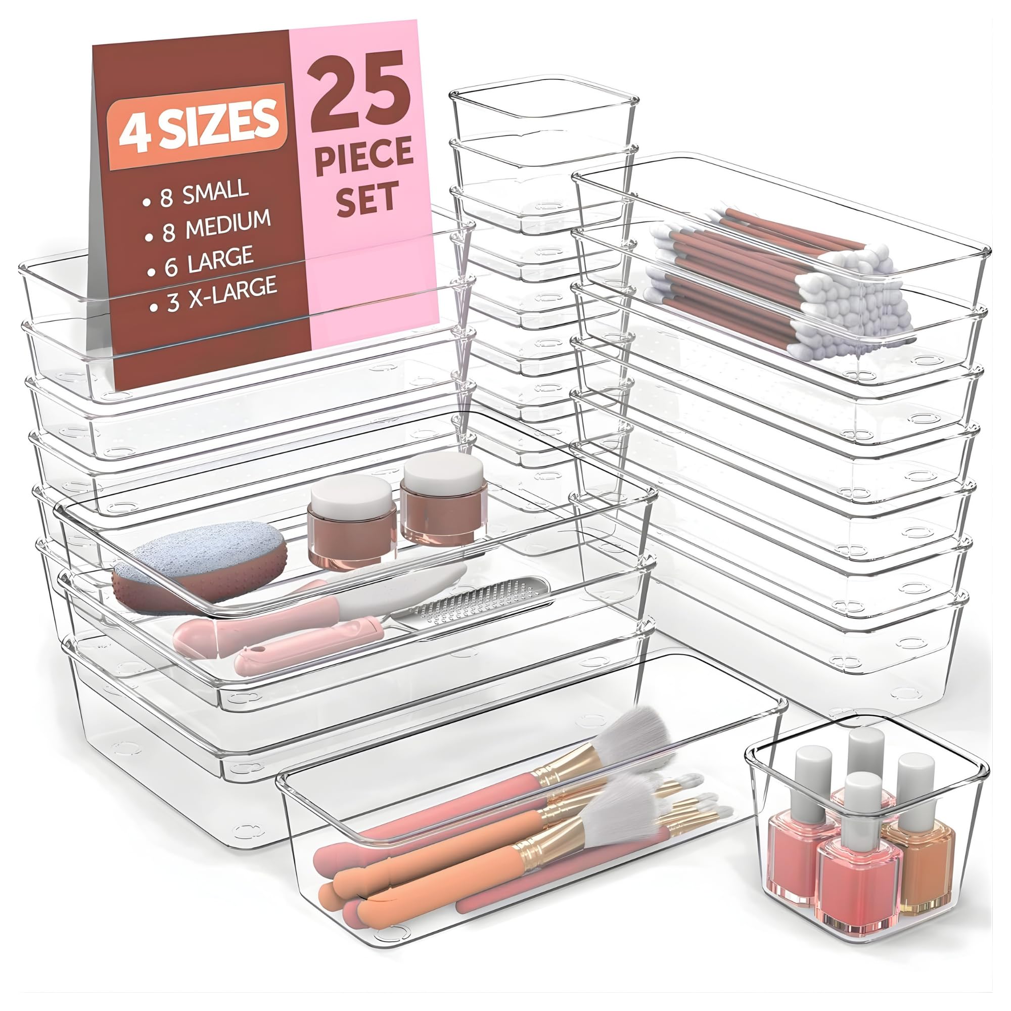 Marqon MultiPurpose Stationery Drawer Organizers Set For Study Table | Office Desk Makeup Storage & Cupboard Organization | Pla