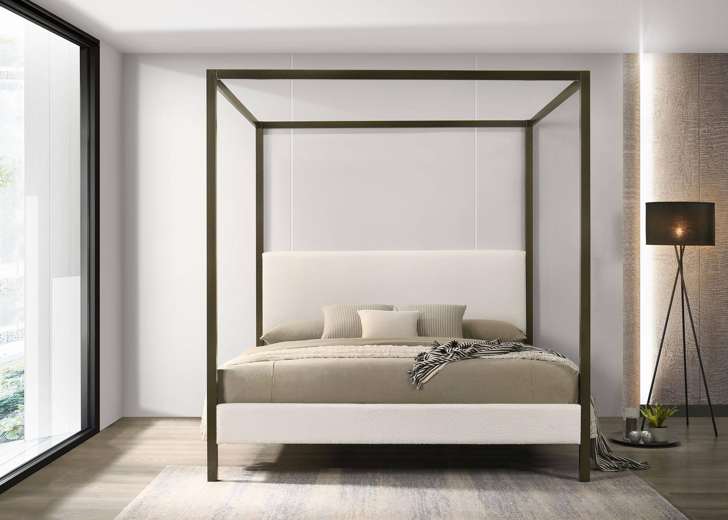 Coaster Home Furnishings Monroe Transitional Boucle Upholstered Eastern King Size Canopy Bed Frame Platform Bed 86-inch Headboard Vanilla 300834KE
