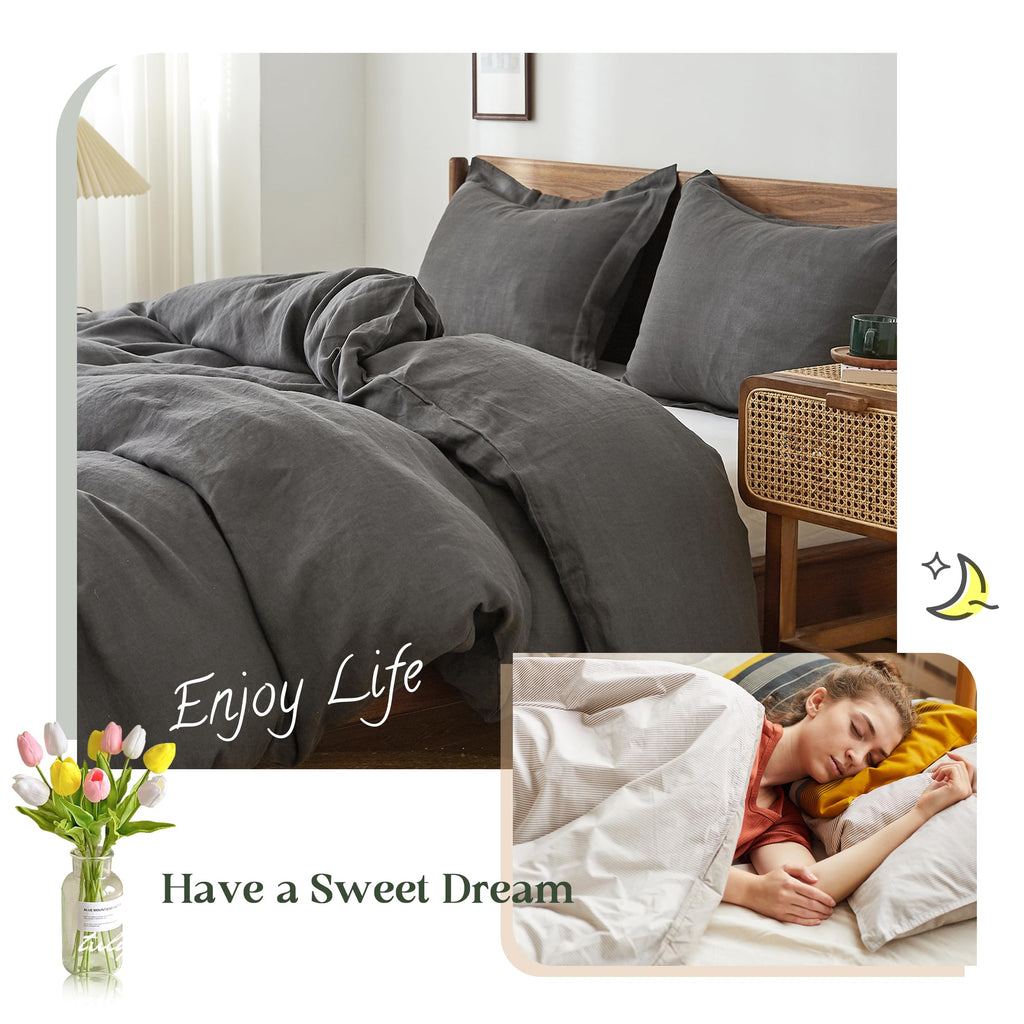 Simple&Opulence 100% Linen Duvet Cover Set, 3 Pcs Pure Natural French Flax Dark Grey Duvet Cover Queen Size, Breathable Soft Com
