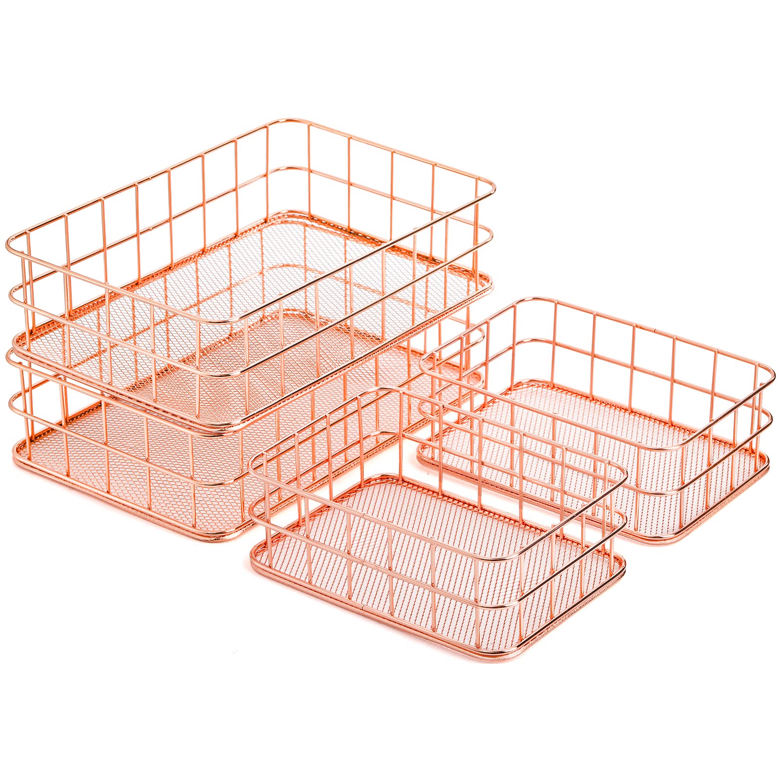 Hacaroa 4 Pack Rose Gold Wire Mesh Basket, Metal Desk Drawer Organizer Desktop Holder Tray For Cosmetic, Stationery, Magazines,