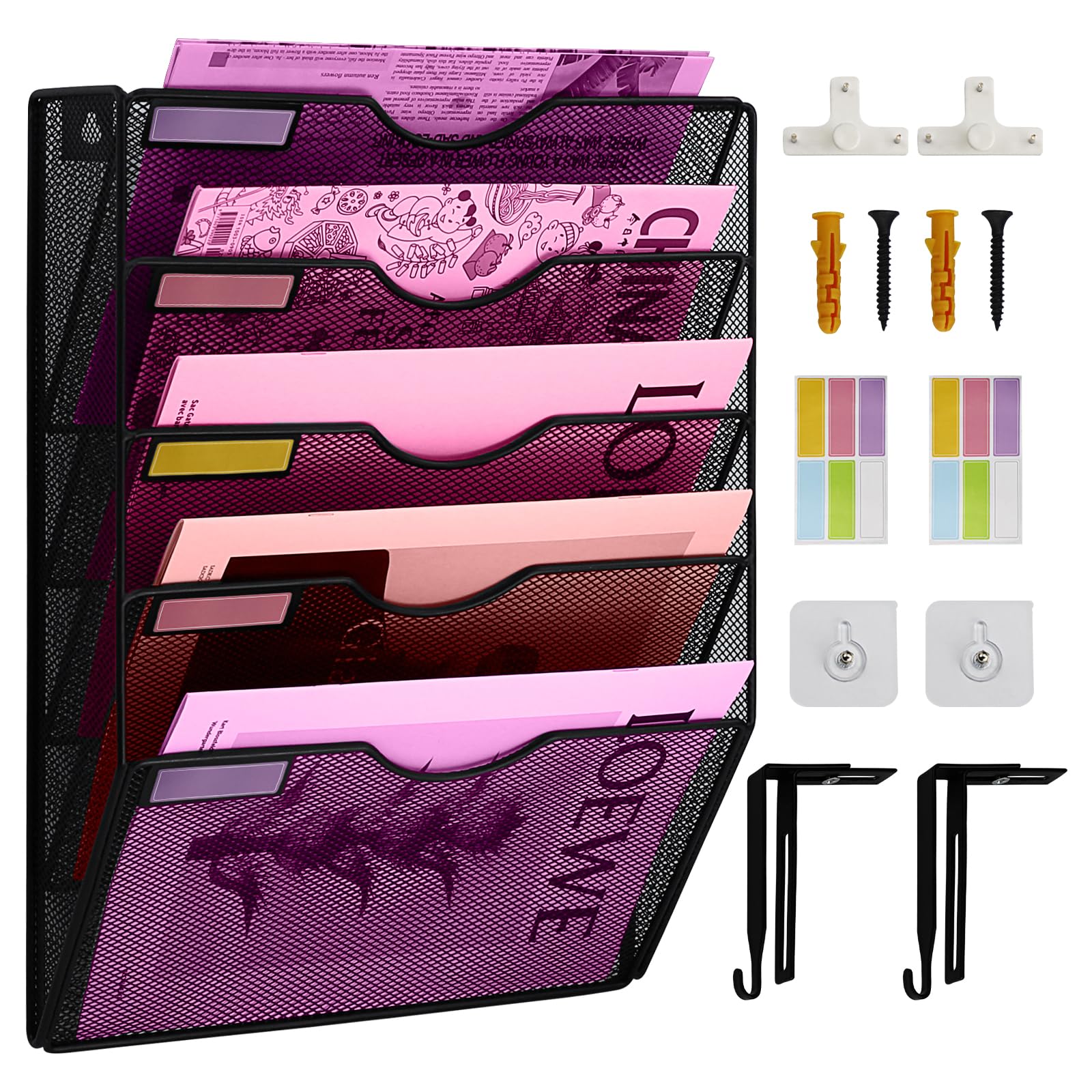 5 Pockets Mesh Wall File Holder Organizer Office Hanging File Folder Magazine Rack, Nametag Label Hooks Set Included (Black)