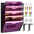 5 Pockets Mesh Wall File Holder Organizer Office Hanging File Folder Magazine Rack, Nametag Label Hooks Set Included (Black)